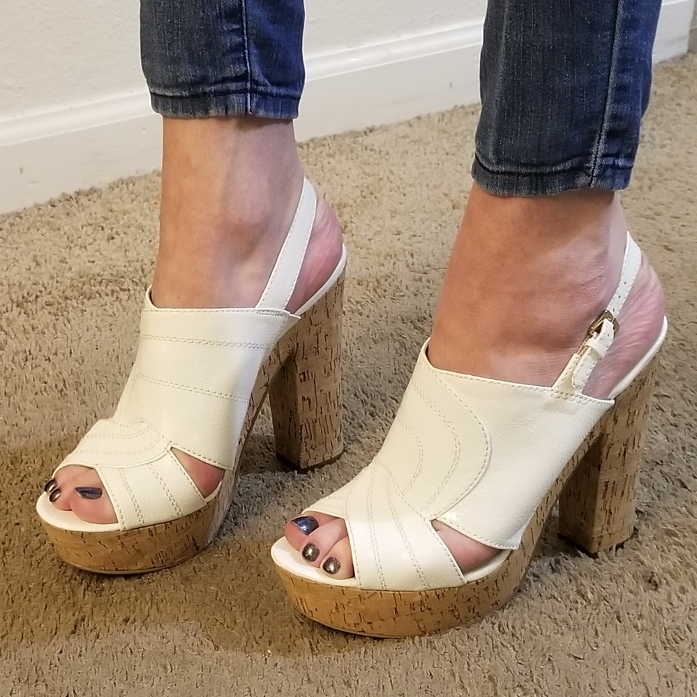 Nine West - Actout, White Slingback Cork Platforms